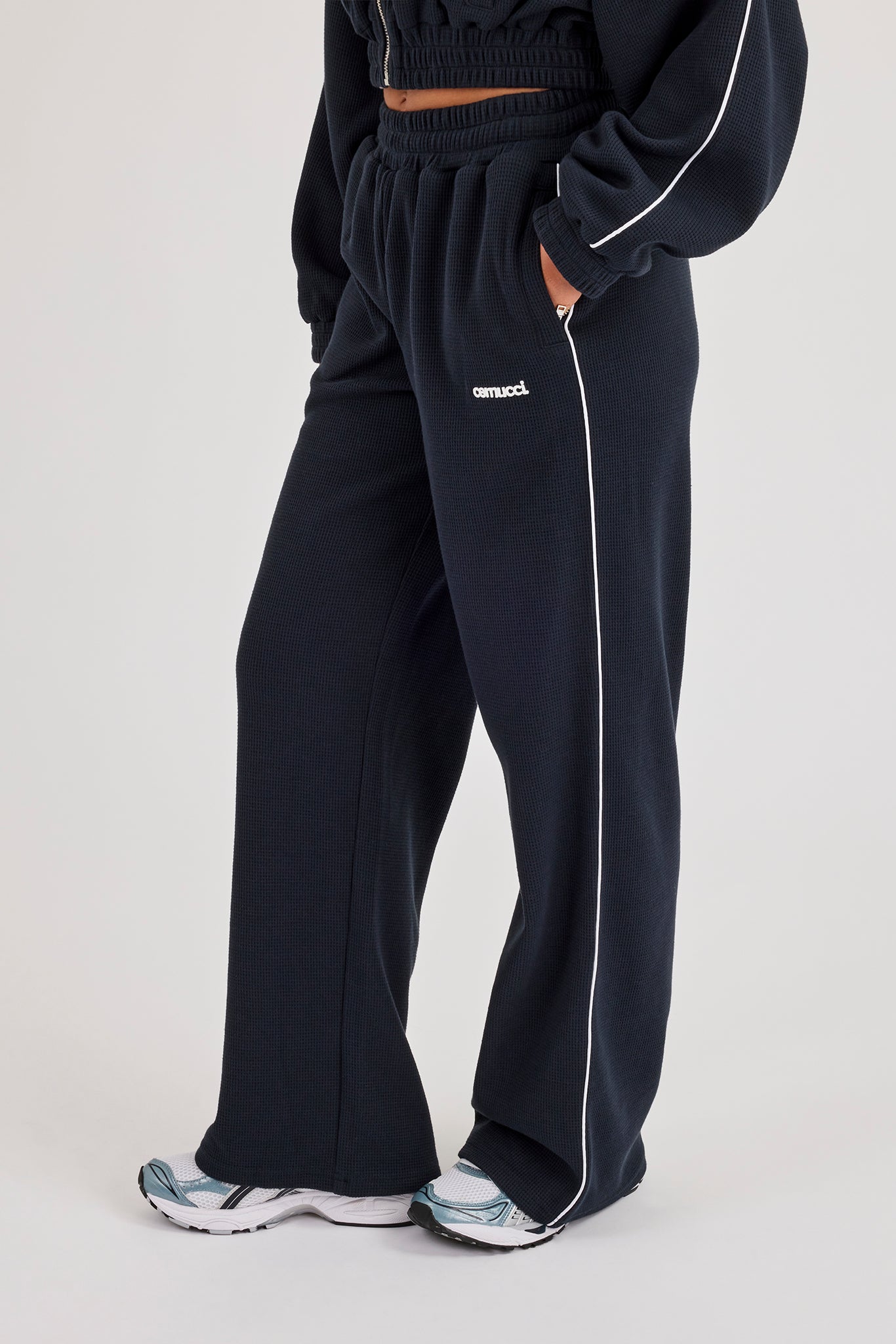 Waffle Contrast Piping Wide Leg Jogger Track Pant - Navy Blue